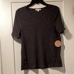 Women's V-Neck‎ Ribbed Top - Charcoal Gray